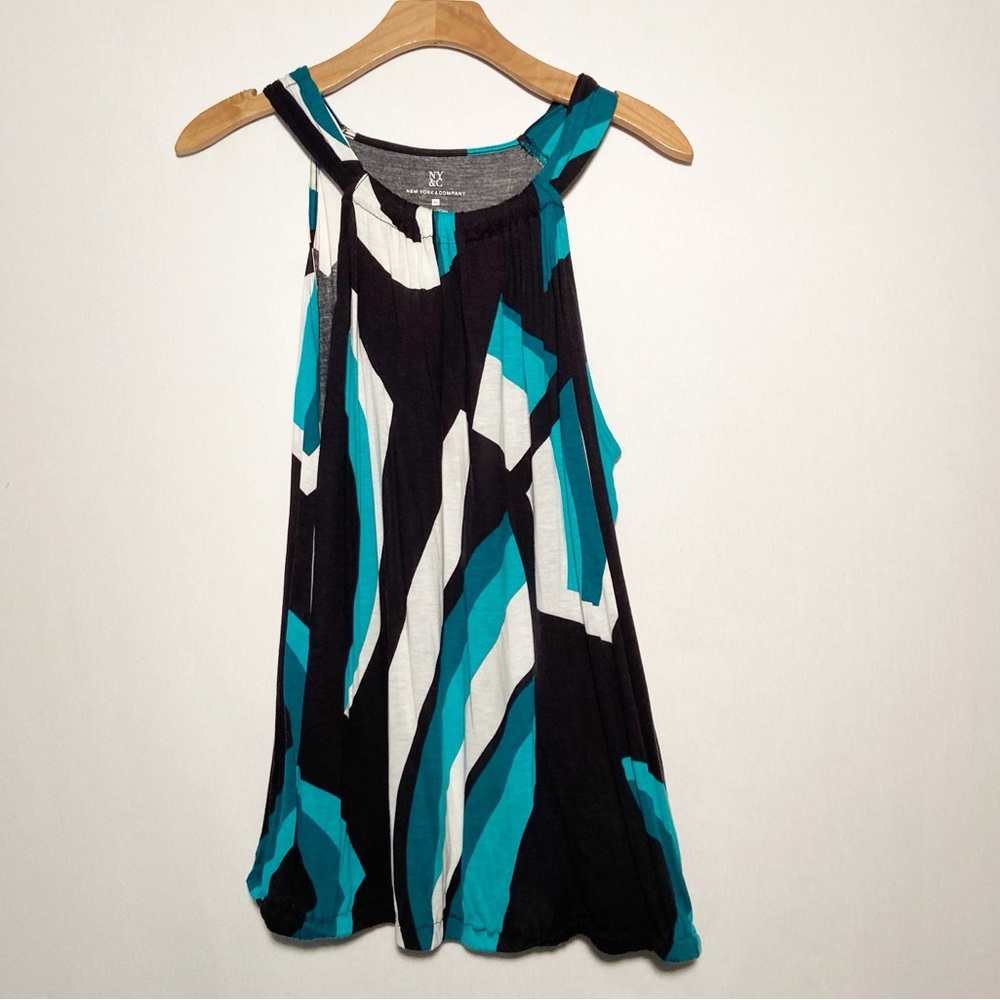 New York & Company Halter Tank Top Womens Sz XL Black and Teal Abstract Pattern‎